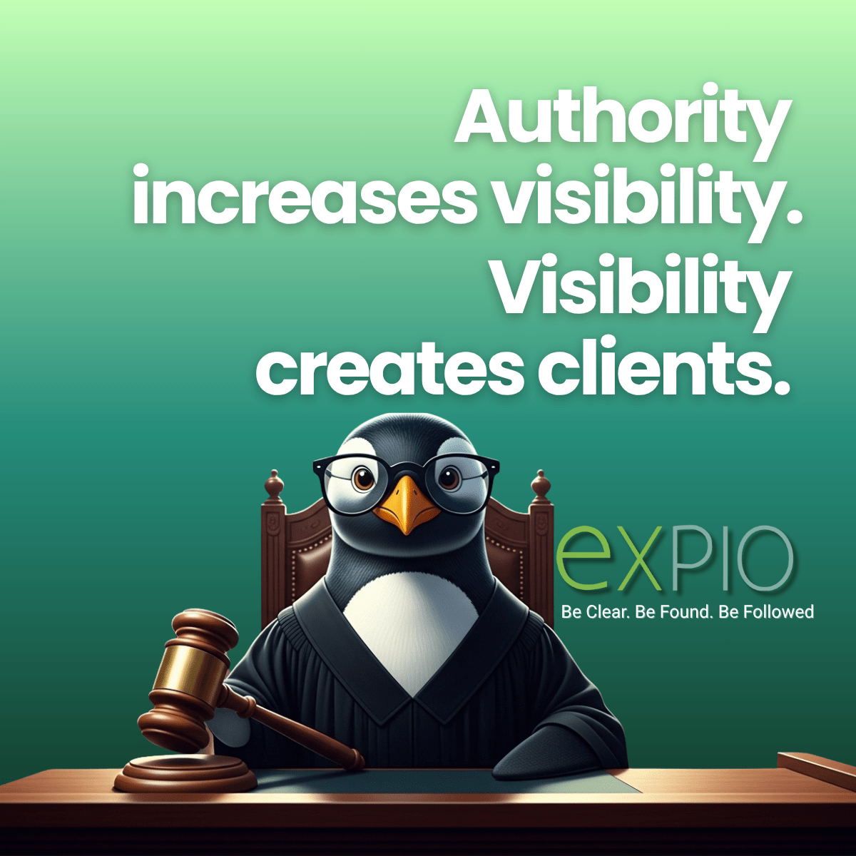 A cartoon penguin dressed as a judge, sitting behind a judge's bench with a gavel.